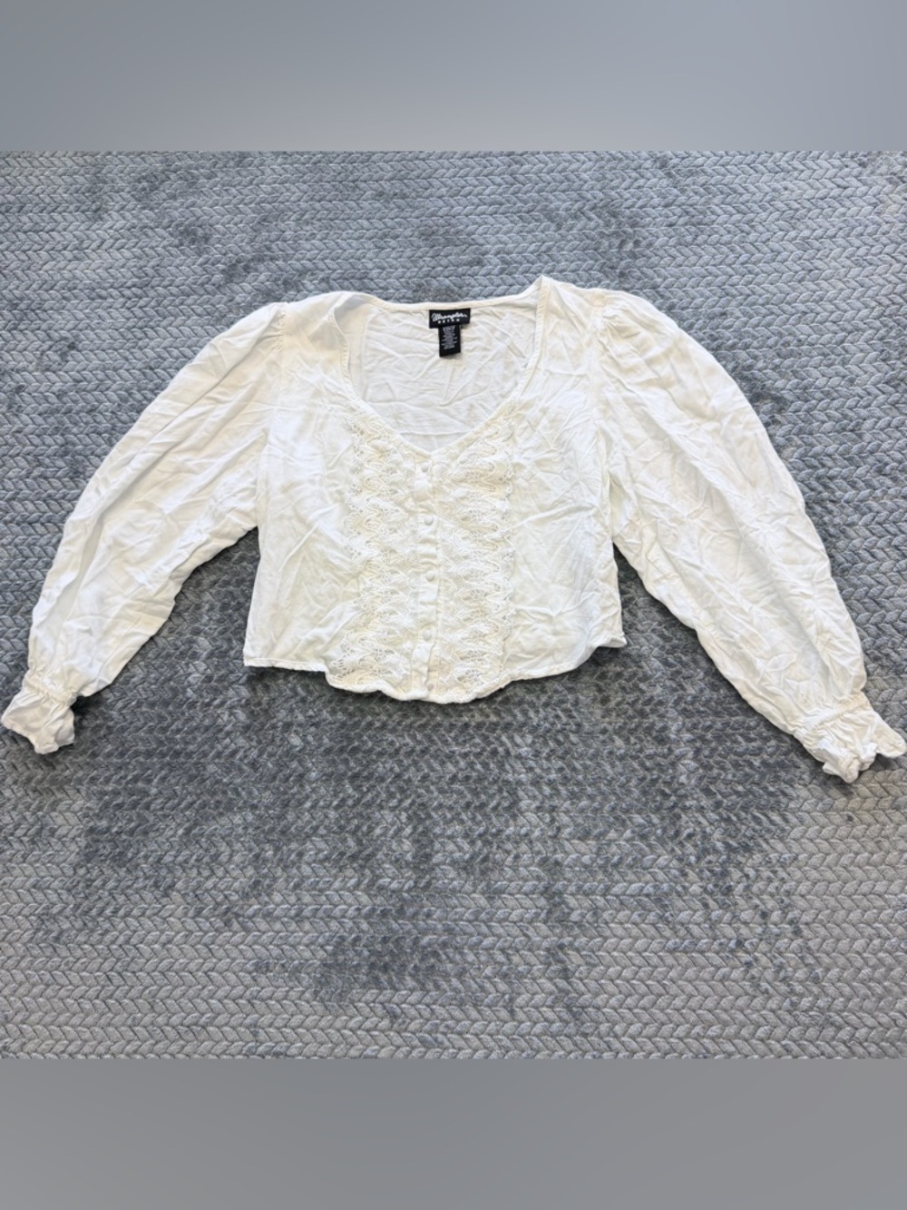 Wrangler Retro White Lace Trim Puff Sleeve Cropped Blouse Size Small